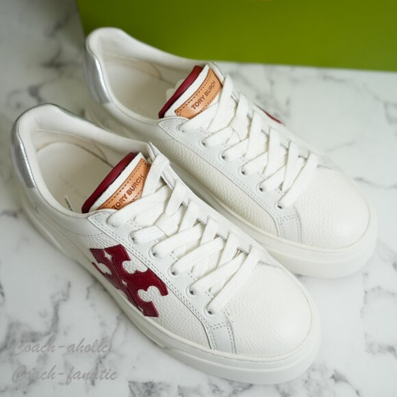 NIB Tory Burch Signature Color Block Platform Leather Sneaker Shoes in White/Red - Picture 2 of 10